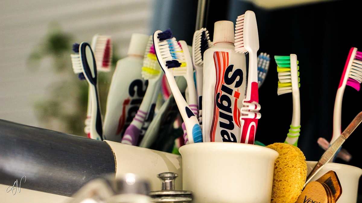 toothbrushes and toothpaste in mugs by the sink