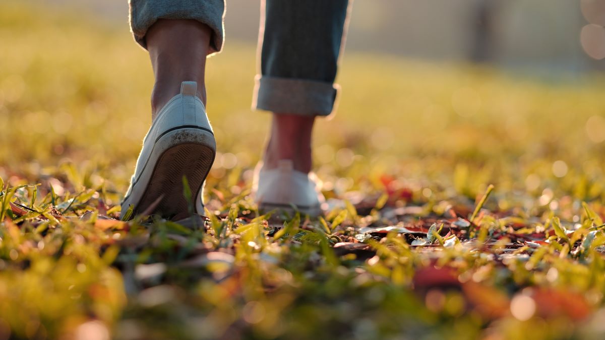 sneakered feet walking in grass