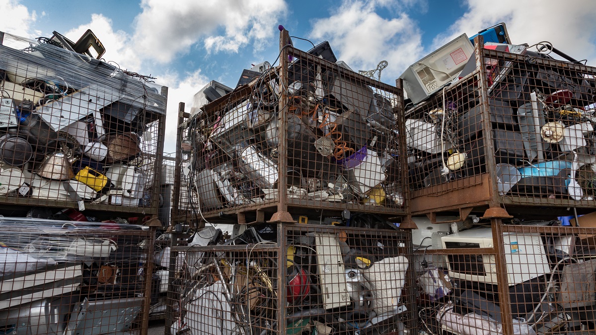 e-waste in bins, ready for recycling