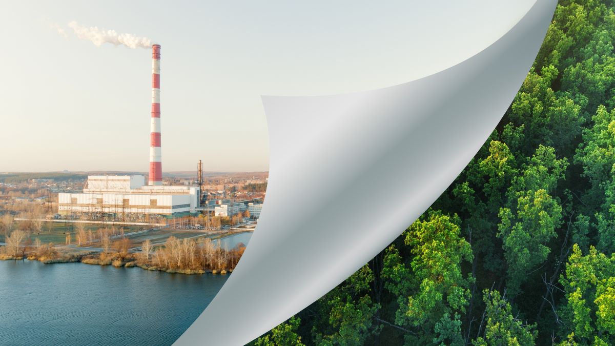 carbon sequestration concept: power plant's smokestack transforming into green forest